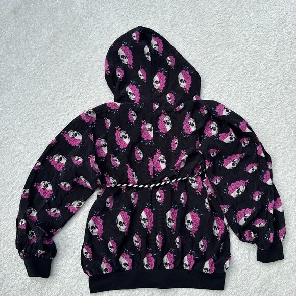 Women's Skull Print Hoodie Floral AOP Washed Silk Puff Sleeves Size M Tilly Rose - Picture 2 of 11